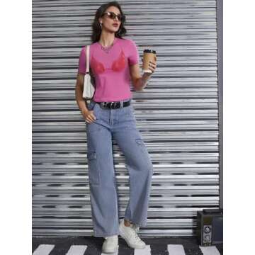 Floerns Women's Graphic Tees Summer Short Sleeve Bra Print T Shirts Crop Top Pink S