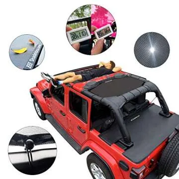 Shadeidea Sun Shade Top for Jeep Wrangler Sunshade JL Unlimited 4 Door, Front and Rear 2 piece - Mesh Screen Sunshade JLU, 2018-2023 Top Soft Roof UV Blocker with Grab Bag - 10 Year Warranty (Black)