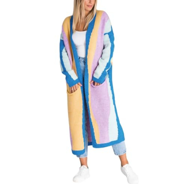 chouyatou Women's Fall Open Front Color Block Long Cardigan Sweater Coat Casual Vertical Striped Coa...