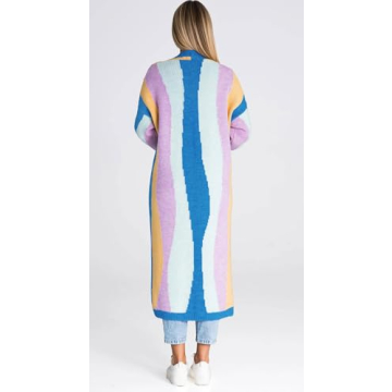 chouyatou Women's Fall Open Front Color Block Long Cardigan Sweater Coat Casual Vertical Striped Coatigan (Small, Blue)