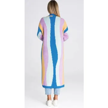 chouyatou Women's Fall Open Front Color Block Long Cardigan Sweater Coat Casual Vertical Striped Coatigan (Small, Blue)