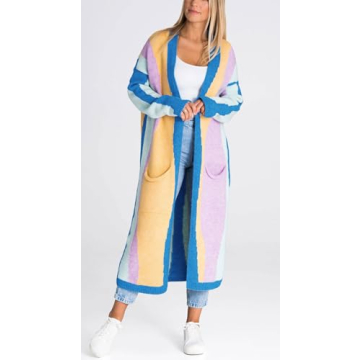 chouyatou Women's Fall Open Front Color Block Long Cardigan Sweater Coat Casual Vertical Striped Coatigan (Small, Blue)