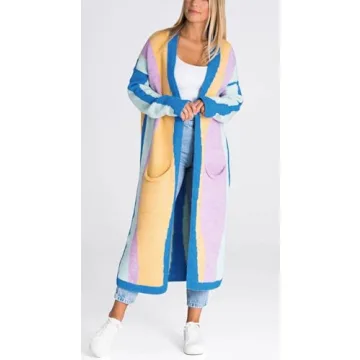 chouyatou Women's Fall Open Front Color Block Long Cardigan Sweater Coat Casual Vertical Striped Coatigan (Small, Blue)