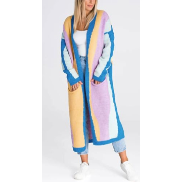 chouyatou Women's Fall Open Front Color Block Long Cardigan Sweater Coat Casual Vertical Striped Coatigan (Small, Blue)