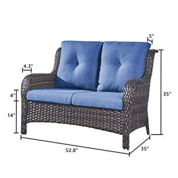 Patio Loveseat Wicker Outdoor Couch - 2-Seater Rattan Patio Sofa with Deep Seating and Comfortable Cushions for Outside Porch Deck Poolside Balcony(Brown Wicker/Blue Cushion)
