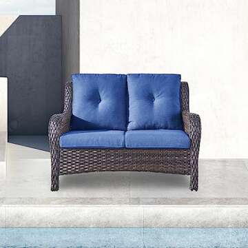 Patio Loveseat Wicker Outdoor Couch - 2-Seater Rattan Patio Sofa with Deep Seating and Comfortable Cushions for Outside Porch Deck Poolside Balcony(Brown Wicker/Blue Cushion)