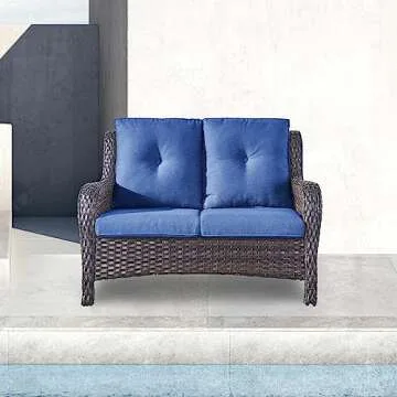 Patio Loveseat Wicker Outdoor Couch - 2-Seater Rattan Patio Sofa with Deep Seating and Comfortable Cushions for Outside Porch Deck Poolside Balcony(Brown Wicker/Blue Cushion)