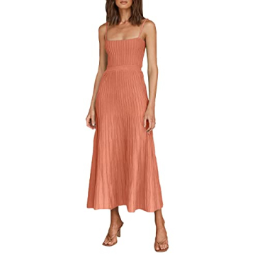 Uusollecy Women's Ribbed Knit Adjustable Spaghetti Straps Square Neck Summer Party Maxi Long Dress