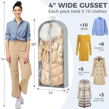 4 pack 60" Clear Garment Bags for Hanging Clothes, Suit Bags for Closet Storage, Clothing Storage, Garment Bags for Travel Covers with 4" Gussets for Coats, Dresses, Jackets, Shirts & Sweater