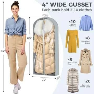 4 pack 60" Clear Garment Bags for Hanging Clothes, Suit Bags for Closet Storage, Clothing Storage, Garment Bags for Travel Covers with 4" Gussets for Coats, Dresses, Jackets, Shirts & Sweater