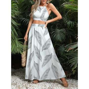 Verdusa Women's 2 Piece Outfits Beach Vacation Outfits Tropical Print Tie Back Cami Top and Split Maxi Skirt Set White Medium