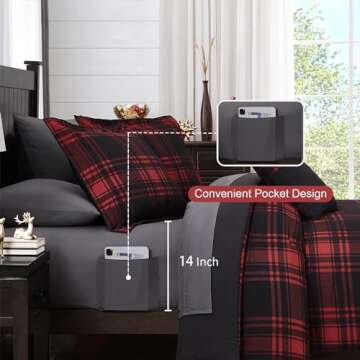 MaiRêve King Comforter Set, Plaid Design Comforter Set 7 Pieces, All Season Comfortable Bedding Sets King, Festival Bedding Warm and Breathable (Red, King, 102"x90")