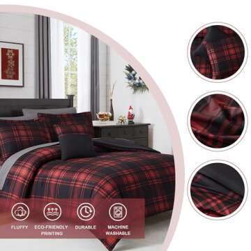 MaiRêve King Comforter Set, Plaid Design Comforter Set 7 Pieces, All Season Comfortable Bedding Sets King, Festival Bedding Warm and Breathable (Red, King, 102"x90")