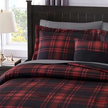 MaiRêve King Comforter Set, Plaid Design Comforter Set 7 Pieces, All Season Comfortable Bedding Sets King, Festival Bedding Warm and Breathable (Red, King, 102"x90")
