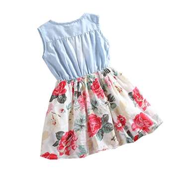 MingAo Little Girls Denim Floral Print Sleeveless Skirt Dresses 5-6 Years