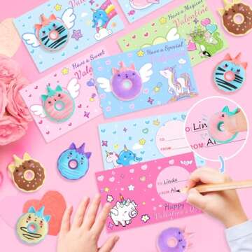 KIZZYEA 30 Pack Valentines Day Cards for Kids School, Donut Erasers with Greeting Cards, Valentines Day Gifts for Kids, Valentine Kids Party Favor, School Classroom Exchange Prizes for Boys Girls