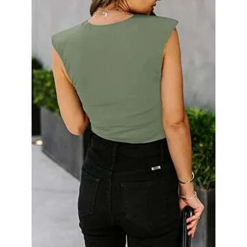 REORIA Women’s Casual Sleeveless Crew Neck Pads Shoulder Musle Bodycon Leotard Bodysuit Tank Tops Dark Green 2X-Large