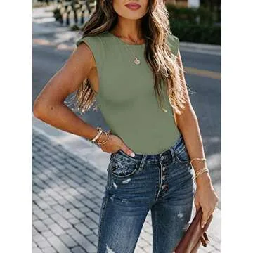 REORIA Women’s Casual Sleeveless Crew Neck Pads Shoulder Musle Bodycon Leotard Bodysuit Tank Tops Dark Green 2X-Large