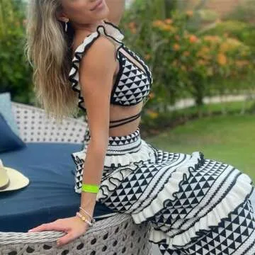 Crochet Knit 2 Piece Skirt Sets for Women Summer Hollow Out Crop Top Bodycon High Waist Maxi Skirt Sets Beach Dress