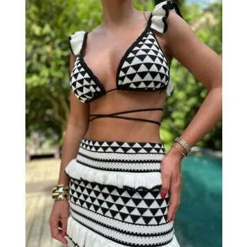 Crochet Knit 2 Piece Skirt Sets for Women Summer Hollow Out Crop Top Bodycon High Waist Maxi Skirt Sets Beach Dress