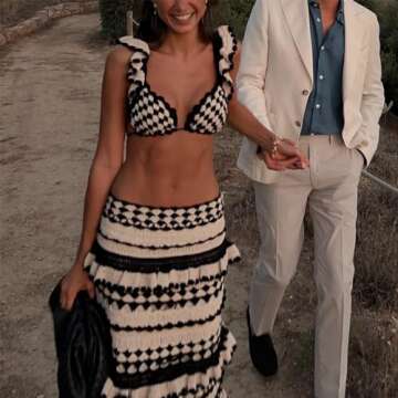 Crochet Knit 2 Piece Skirt Sets for Women Summer Hollow Out Crop Top Bodycon High Waist Maxi Skirt Sets Beach Dress