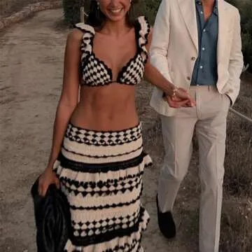 Crochet Knit 2 Piece Skirt Sets for Women Summer Hollow Out Crop Top Bodycon High Waist Maxi Skirt Sets Beach Dress