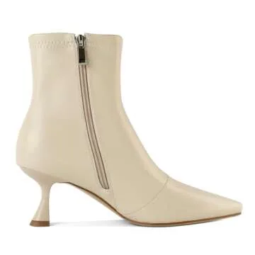 Zamikoo Beige Boots for Women Square Pointed Toe Stretch Kitten Low Heel Short Booties Leather Ankle Boots Side Zipper 2.5 Inches US Size 7.5