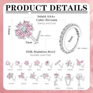 Drperfect 20PCS Nose Rings L Shaped Nose Studs Ring Hypoallergenic Stainless Steel Nose Ring-Dangle ...