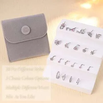 Drperfect 20PCS Nose Rings L Shaped Nose Studs Ring Hypoallergenic Stainless Steel Nose Ring-Dangle CZ Butterfly Flower Nose Studs Hoops Piercings Jewelry Gift for Women Men 20G Pink