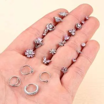 Drperfect 20PCS Nose Rings L Shaped Nose Studs Ring Hypoallergenic Stainless Steel Nose Ring-Dangle CZ Butterfly Flower Nose Studs Hoops Piercings Jewelry Gift for Women Men 20G Pink