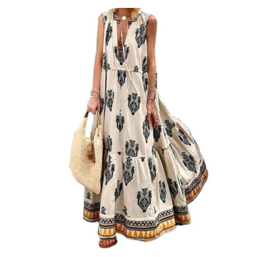 Womens Summer Long Dresses 2024 Sleeveless Drawstring V Neck Smocked Vintage Print Beach Vacation Bo...