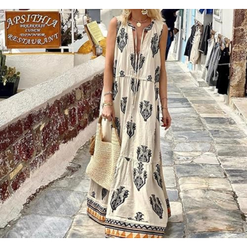 Womens Summer Long Dresses 2024 Sleeveless Drawstring V Neck Smocked Vintage Print Beach Vacation Boho Maxi Dress(White01, Large)