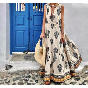 Womens Summer Long Dresses 2024 Sleeveless Drawstring V Neck Smocked Vintage Print Beach Vacation Boho Maxi Dress(White01, Large)