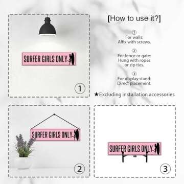 Surfer Girls Only Pink Tin Sign Vintage Metal Sign Retro Wall Art Poster Rustic Hanging Plaque Home Decor for Bedroom Kitchen Garden Pub Club Coffee Bar Patio Porch Indoor Outdoor 4x16 Inch