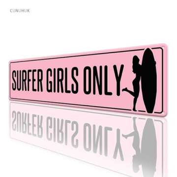 Surfer Girls Only Pink Tin Sign Vintage Metal Sign Retro Wall Art Poster Rustic Hanging Plaque Home Decor for Bedroom Kitchen Garden Pub Club Coffee Bar Patio Porch Indoor Outdoor 4x16 Inch