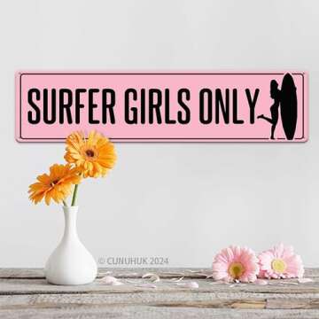 Surfer Girls Only Pink Tin Sign Vintage Metal Sign Retro Wall Art Poster Rustic Hanging Plaque Home Decor for Bedroom Kitchen Garden Pub Club Coffee Bar Patio Porch Indoor Outdoor 4x16 Inch