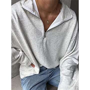 Fronage Quarter Half Zip Pullover Women Lapel Oversized Sweatshirt Casual Long Sleeve Tops (Medium, Gray)