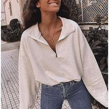 Fronage Quarter Half Zip Pullover Women Lapel Oversized Sweatshirt Casual Long Sleeve Tops (Medium, Gray)