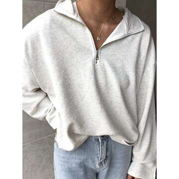 Fronage Quarter Half Zip Pullover Women Lapel Oversized Sweatshirt Casual Long Sleeve Tops (Medium, Gray)