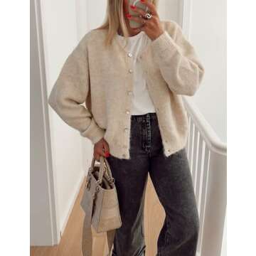 Ynhonra Women's Long Sleeve Front Button Y2k Cardigan Sweaters Crew Neck Loose 2024 Fall Tops(Cream-M)