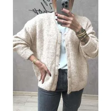Ynhonra Women's Long Sleeve Front Button Y2k Cardigan Sweaters Crew Neck Loose 2024 Fall Tops(Cream-M)
