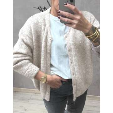 Ynhonra Women's Long Sleeve Front Button Y2k Cardigan Sweaters Crew Neck Loose 2024 Fall Tops(Cream-M)