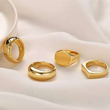 17 MILE 4 PCS Gold Chunky Dome Rings Set for Women/Men, 18K Real Gold Signet Polished Round Stacking Minimalist Ring Size 5-10 (Gold Size 6.75 7)