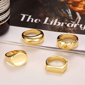 17 MILE 4 PCS Gold Chunky Dome Rings Set for Women/Men, 18K Real Gold Signet Polished Round Stacking Minimalist Ring Size 5-10 (Gold Size 6.75 7)