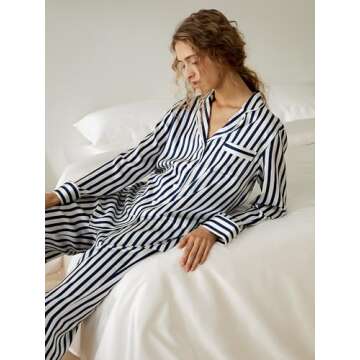 LilySilk The Amalfi Button-Up Full Length Striped Pyjama Set Women's 100% Pure Silk Sleepwear Set