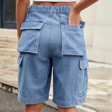 Denim Shorts for Women High Waisted Cargo Bermuda Jorts Elastic Y2K Casual Stretchy Jean Short with Pockets