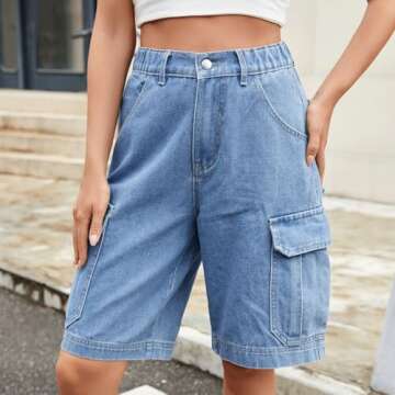 Denim Shorts for Women High Waisted Cargo Bermuda Jorts Elastic Y2K Casual Stretchy Jean Short with Pockets