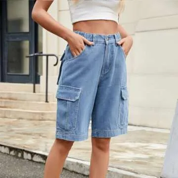 Denim Shorts for Women High Waisted Cargo Bermuda Jorts Elastic Y2K Casual Stretchy Jean Short with Pockets
