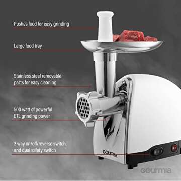 Gourmia Electric Meat Grinder: 500 & 1000 Watt Power with 3 Stainless Steel Plates