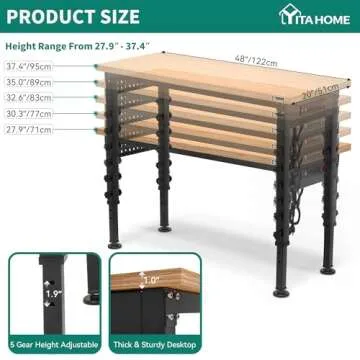 YITAHOME Work Bench 48" L X 20" W Adjustable Workbench for Garage W/Pegboard & Power Outlets Hardwoo...